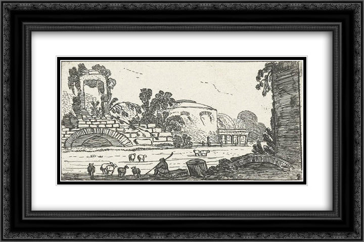 Landscape with ruins and shepherds with sheep 24x16 Black Ornate Wood Framed Art Print Poster with Double Matting by Velde, Esaias van de