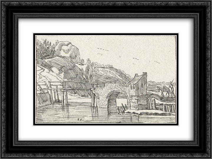 Man driving a donkey towards a bridge 24x18 Black Ornate Wood Framed Art Print Poster with Double Matting by Velde, Esaias van de