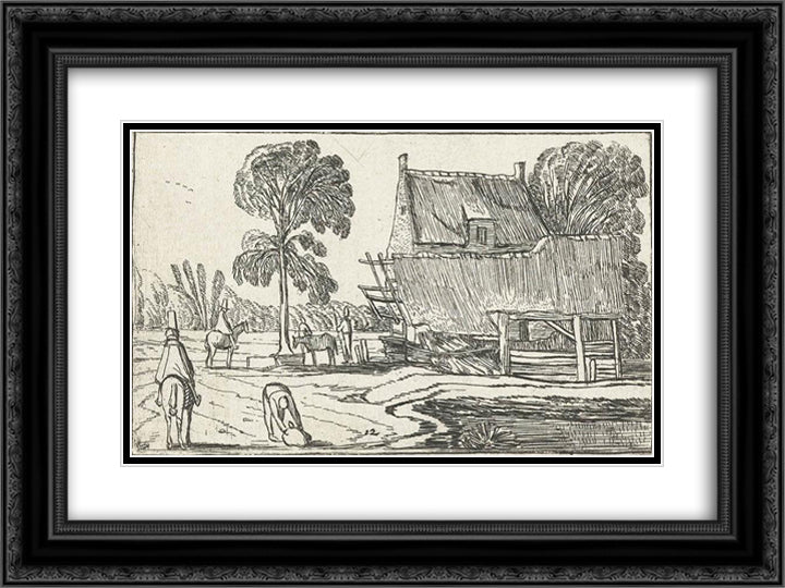Riding on the road next to a farm 24x18 Black Ornate Wood Framed Art Print Poster with Double Matting by Velde, Esaias van de