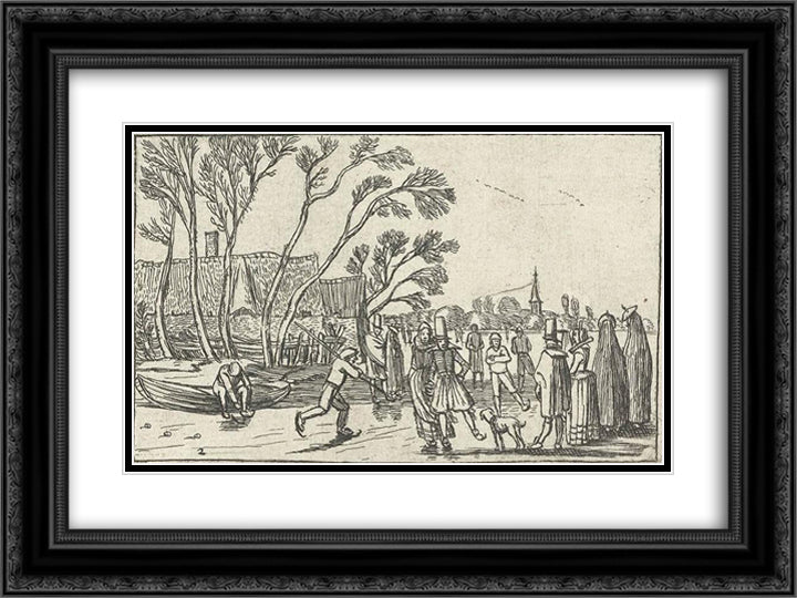 Skaters on the ice at a farm 24x18 Black Ornate Wood Framed Art Print Poster with Double Matting by Velde, Esaias van de