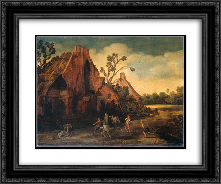 The robbery 24x20 Black Ornate Wood Framed Art Print Poster with Double Matting by Velde, Esaias van de
