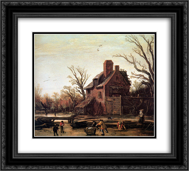 Winter landscape with farmhouse 22x20 Black Ornate Wood Framed Art Print Poster with Double Matting by Velde, Esaias van de