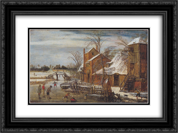 Winter scene with skaters 24x18 Black Ornate Wood Framed Art Print Poster with Double Matting by Velde, Esaias van de