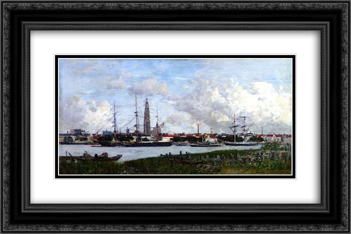 Antwerp, the Port 24x16 Black Ornate Wood Framed Art Print Poster with Double Matting by Boudin, Eugene