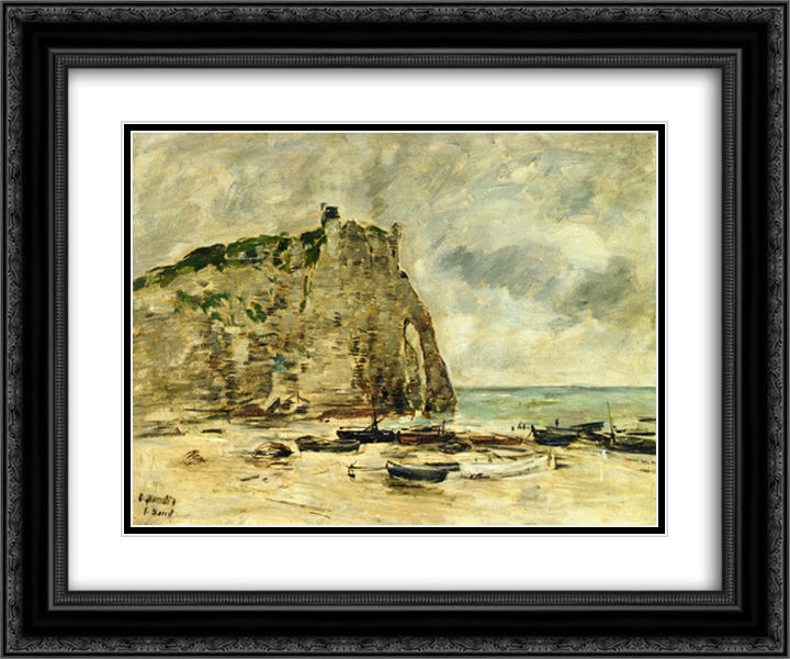 Etretat, Beached Boats and the Cliff of Aval 24x20 Black Ornate Wood Framed Art Print Poster with Double Matting by Boudin, Eugene