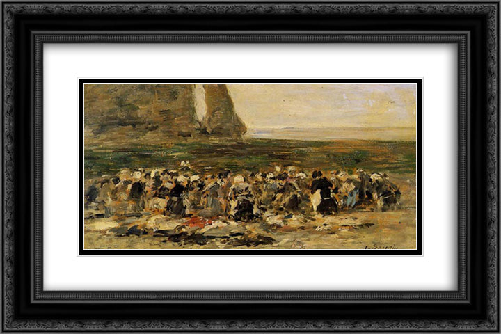 Etretat, Laundresses on the Beach, Low Tide 24x16 Black Ornate Wood Framed Art Print Poster with Double Matting by Boudin, Eugene