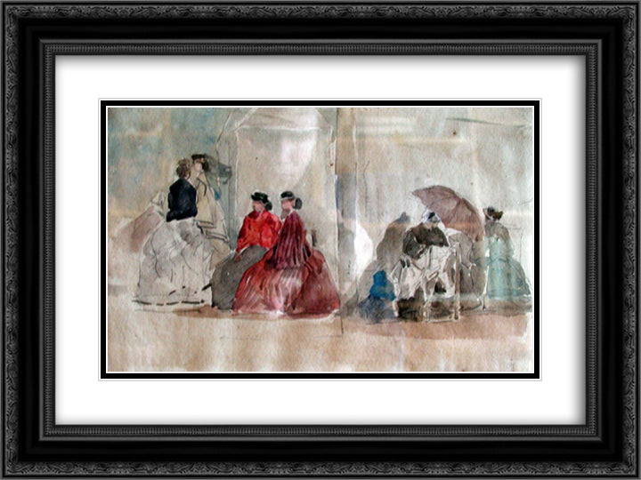 Figures on Beach in front of Bathing Huts 24x18 Black Ornate Wood Framed Art Print Poster with Double Matting by Boudin, Eugene