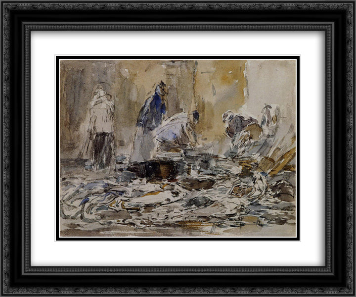 Fish Market 24x20 Black Ornate Wood Framed Art Print Poster with Double Matting by Boudin, Eugene