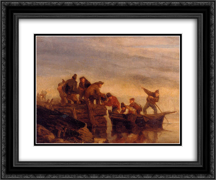 Fishermen by the Water 24x20 Black Ornate Wood Framed Art Print Poster with Double Matting by Boudin, Eugene