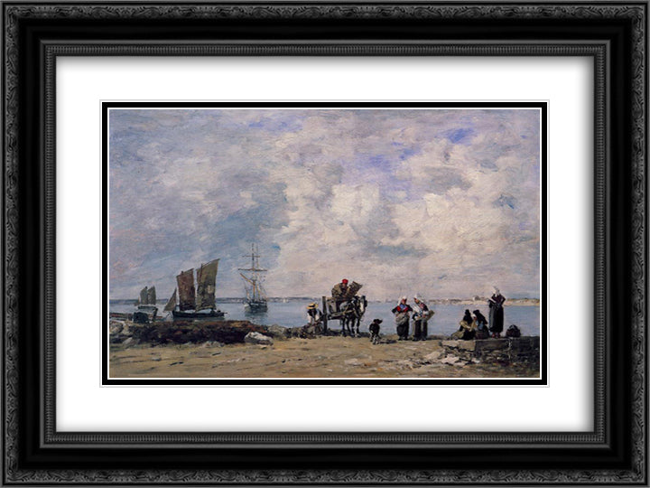 Fishermen's Wives at the Seaside 24x18 Black Ornate Wood Framed Art Print Poster with Double Matting by Boudin, Eugene