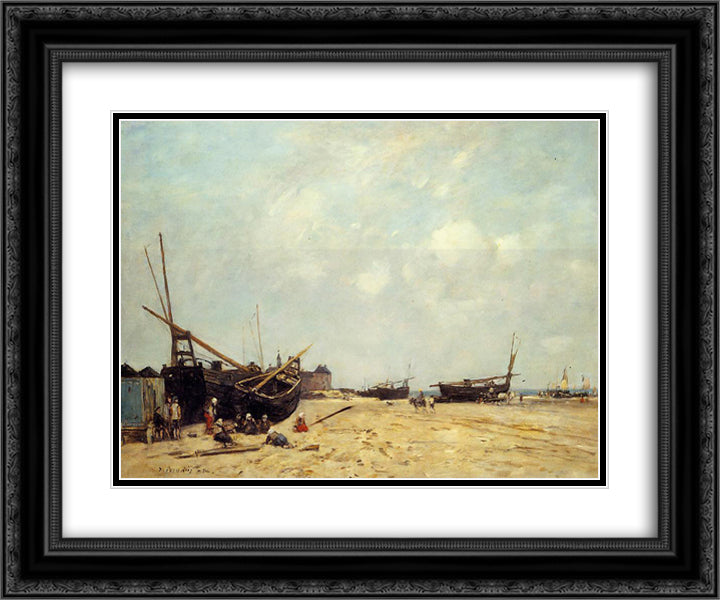 Fishing Boats Aground and at Sea 24x20 Black Ornate Wood Framed Art Print Poster with Double Matting by Boudin, Eugene