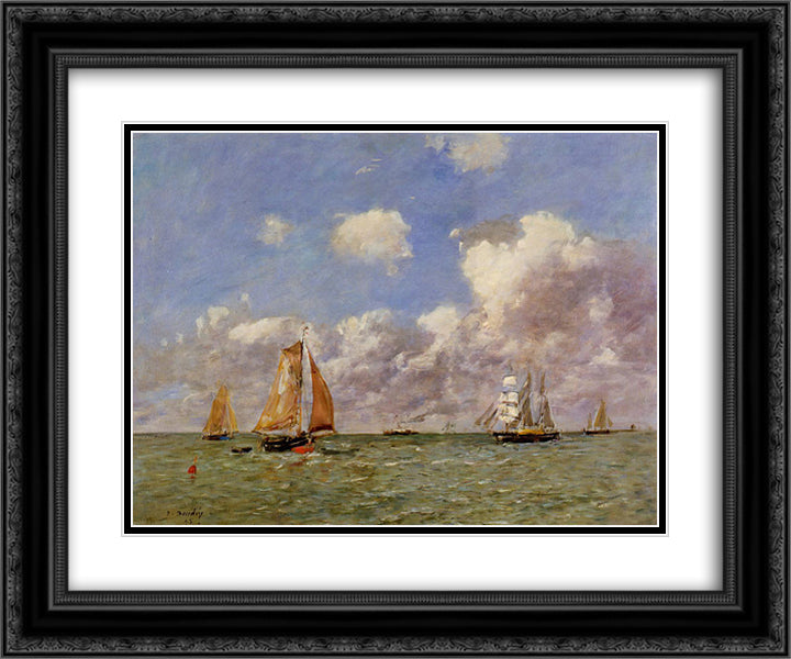 Fishing Boats at Sea 24x20 Black Ornate Wood Framed Art Print Poster with Double Matting by Boudin, Eugene