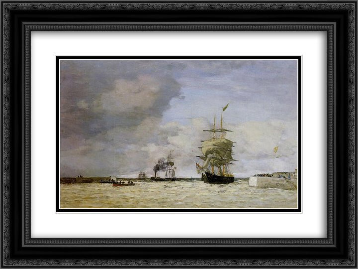 Le Havre. Entrance to the Port. 24x18 Black Ornate Wood Framed Art Print Poster with Double Matting by Boudin, Eugene