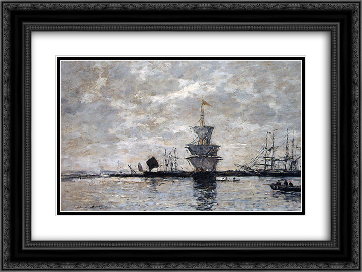 Le Havre Sun 24x18 Black Ornate Wood Framed Art Print Poster with Double Matting by Boudin, Eugene