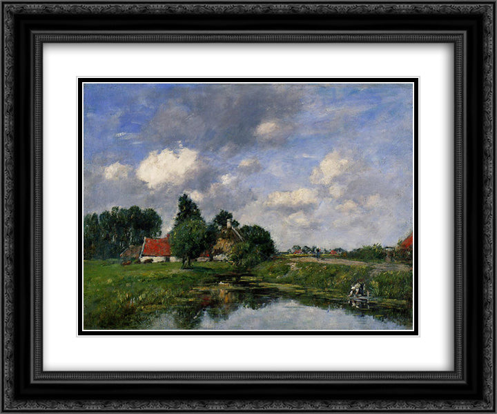 River near Dunkirk 24x20 Black Ornate Wood Framed Art Print Poster with Double Matting by Boudin, Eugene