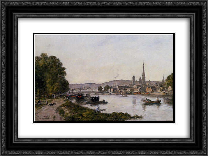 Rouen, View over the River Seine 24x18 Black Ornate Wood Framed Art Print Poster with Double Matting by Boudin, Eugene