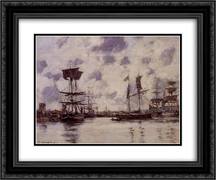 Sailing Boats at Anchor 24x20 Black Ornate Wood Framed Art Print Poster with Double Matting by Boudin, Eugene