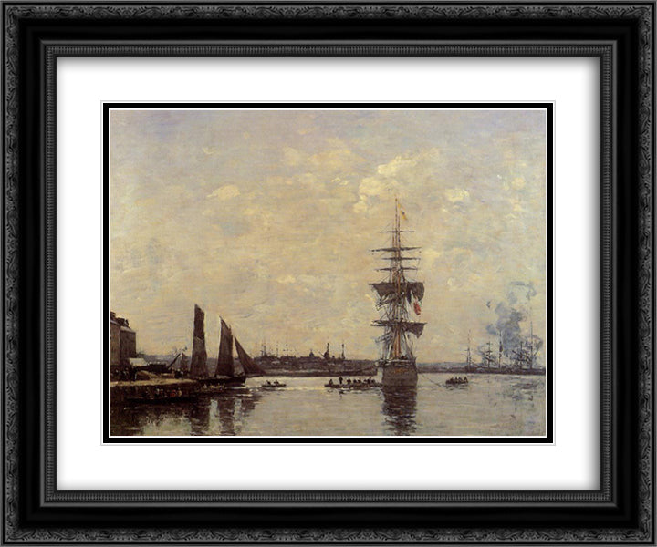 Sailing Boats at Quay 24x20 Black Ornate Wood Framed Art Print Poster with Double Matting by Boudin, Eugene