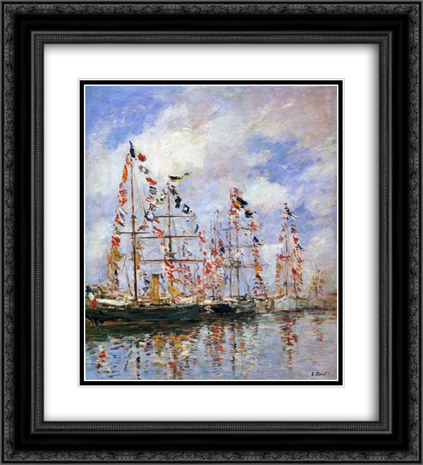 Sailing Ships at Deauville 20x22 Black Ornate Wood Framed Art Print Poster with Double Matting by Boudin, Eugene