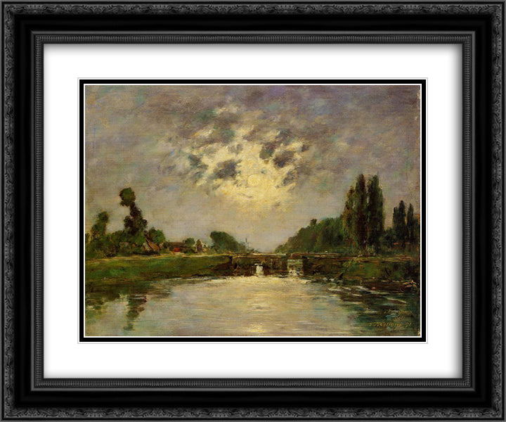 Saint-Valery-sur-Somme, the Bridge on the Lock 24x20 Black Ornate Wood Framed Art Print Poster with Double Matting by Boudin, Eugene