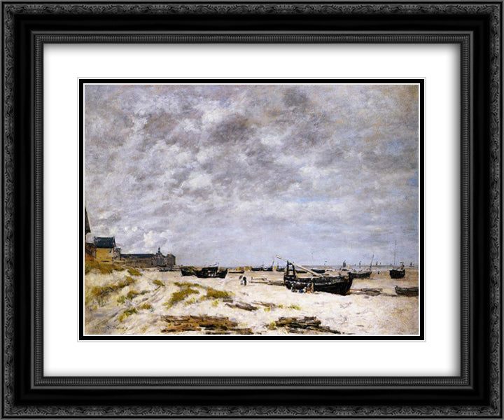 The Beach, Berck 24x20 Black Ornate Wood Framed Art Print Poster with Double Matting by Boudin, Eugene
