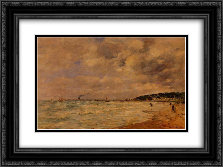 The Tourgeville Shores 24x18 Black Ornate Wood Framed Art Print Poster with Double Matting by Boudin, Eugene