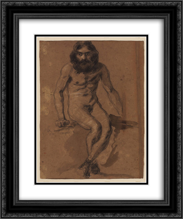 Nude bearded man, seated 20x24 Black Ornate Wood Framed Art Print Poster with Double Matting by Delacroix, Eugene