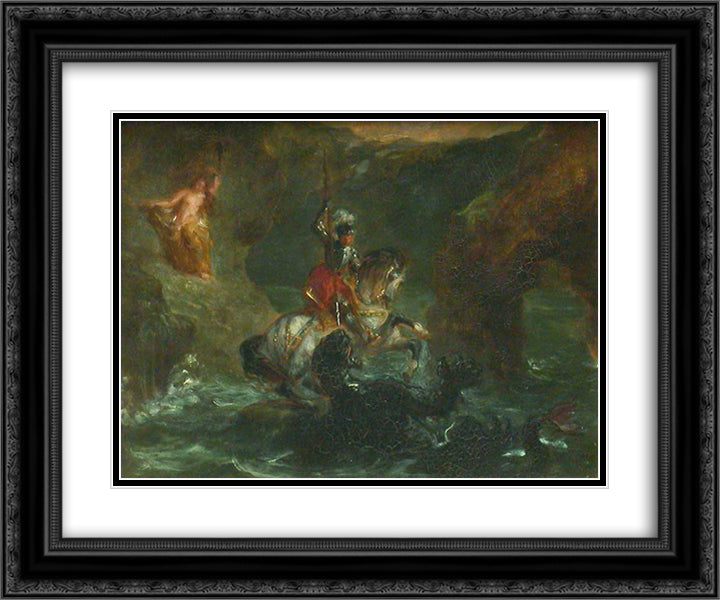 Saint George Fighting the Dragon, Perseus Delivering Andromeda 24x20 Black Ornate Wood Framed Art Print Poster with Double Matting by Delacroix, Eugene