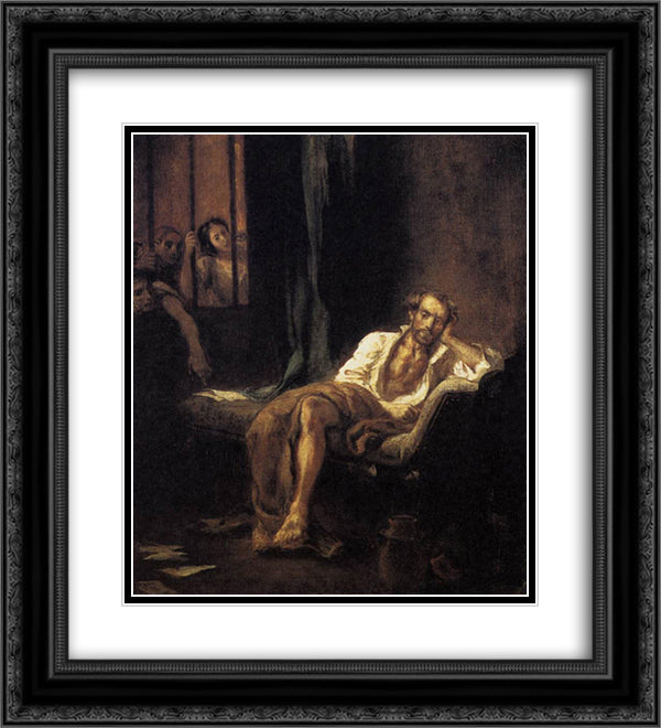 Tasso in the Madhouse 20x22 Black Ornate Wood Framed Art Print Poster with Double Matting by Delacroix, Eugene