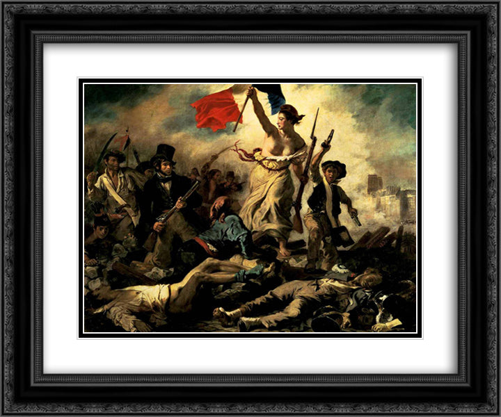 The Liberty Leading the People 24x20 Black Ornate Wood Framed Art Print Poster with Double Matting by Delacroix, Eugene