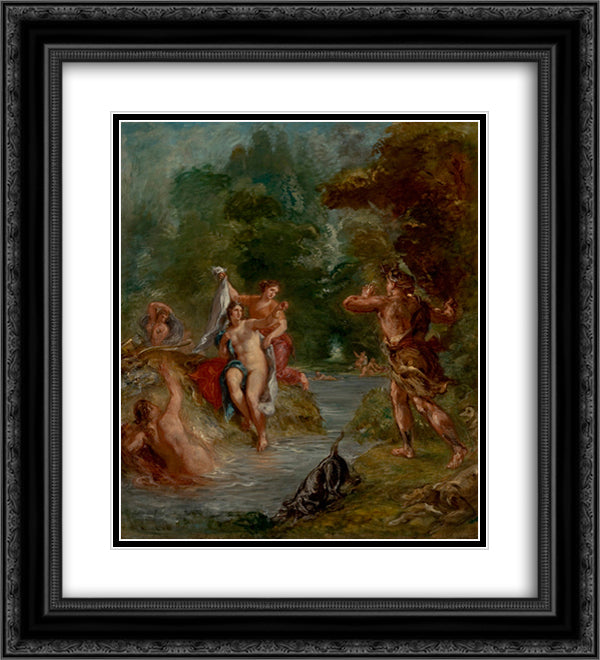 The Summer Diana Surprised by Actaeon 20x22 Black Ornate Wood Framed Art Print Poster with Double Matting by Delacroix, Eugene