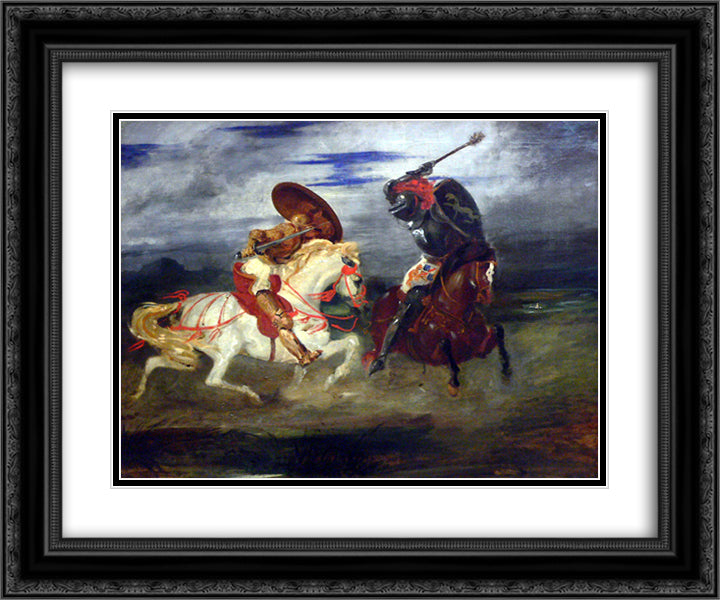 Two Knights Fighting in a Landscape 24x20 Black Ornate Wood Framed Art Print Poster with Double Matting by Delacroix, Eugene