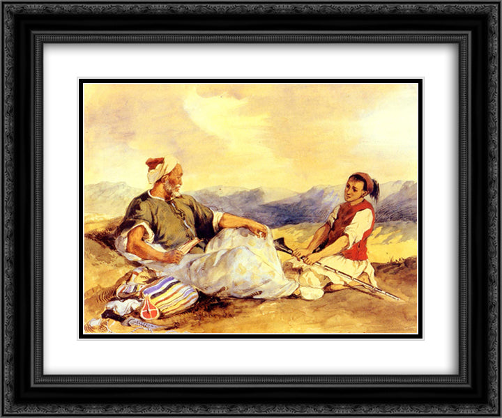 Two Moroccans Seated In The Countryside 24x20 Black Ornate Wood Framed Art Print Poster with Double Matting by Delacroix, Eugene