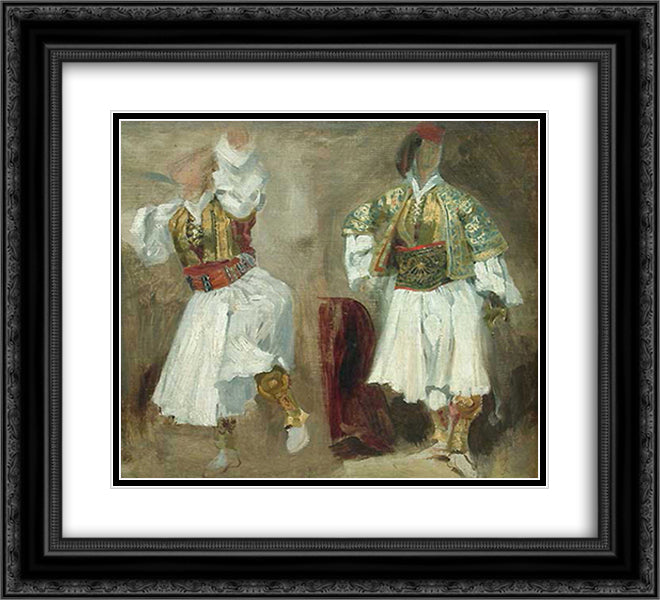 Two Views of costumes Souliotes 22x20 Black Ornate Wood Framed Art Print Poster with Double Matting by Delacroix, Eugene