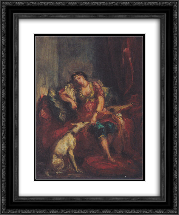 Woman from Algiers with Windhund 20x24 Black Ornate Wood Framed Art Print Poster with Double Matting by Delacroix, Eugene