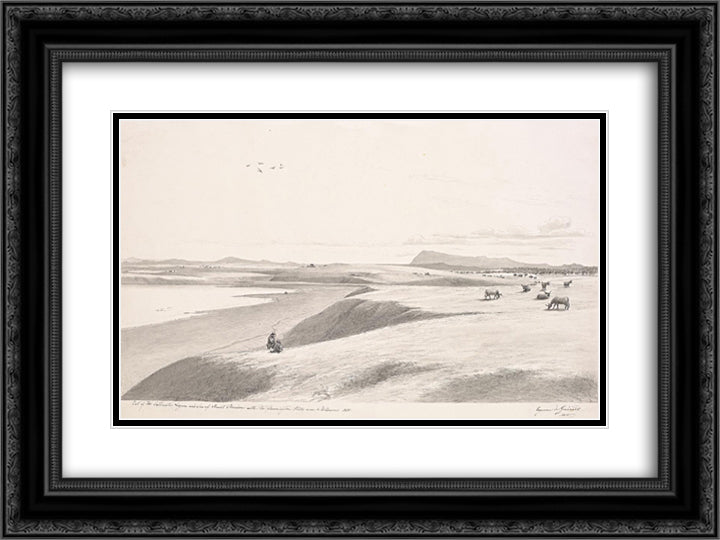 Part of the saltwater lagoon and view of Mount Macedon with the Flemington Hills near Melbourne 24x18 Black Ornate Wood Framed Art Print Poster with Double Matting by von Guerard, Eugene