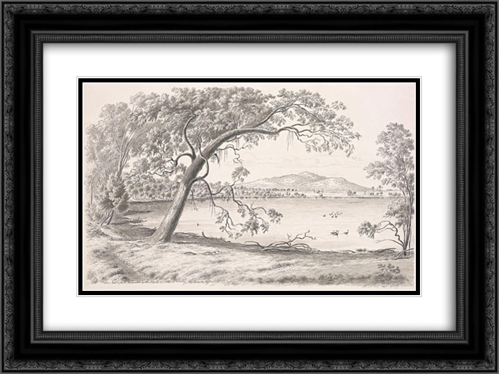 Western part of Lake Keilambete and Mt Noorat, an extinct volcano. Mr Thomson's station 24x18 Black Ornate Wood Framed Art Print Poster with Double Matting by von Guerard, Eugene