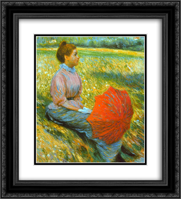 Lady in a Meadow 20x22 Black Ornate Wood Framed Art Print Poster with Double Matting by Zandomeneghi, Federico