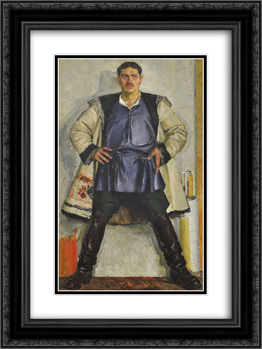 Self-portrait in a white coat 18x24 Black Ornate Wood Framed Art Print Poster with Double Matting by Krychevsky, Fedir