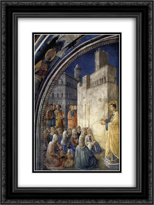 The Sermon of St. Stephen 18x24 Black Ornate Wood Framed Art Print Poster with Double Matting by Angelico, Fra