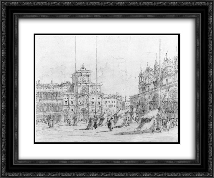 The Torre del Orologio 24x20 Black Ornate Wood Framed Art Print Poster with Double Matting by Guardi, Francesco