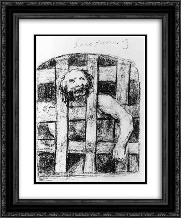 Lunatic behind Bars 20x24 Black Ornate Wood Framed Art Print Poster with Double Matting by Goya, Francisco