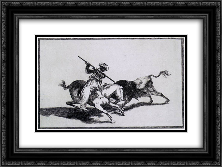 The Morisco Gazul is the First to Fight Bulls with a Lance 24x18 Black Ornate Wood Framed Art Print Poster with Double Matting by Goya, Francisco