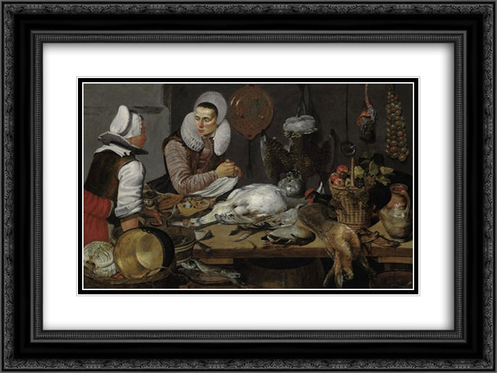 A Kitchen Interior with a Maid and a Lady Preparing Game 24x18 Black Ornate Wood Framed Art Print Poster with Double Matting by Hals, Frans