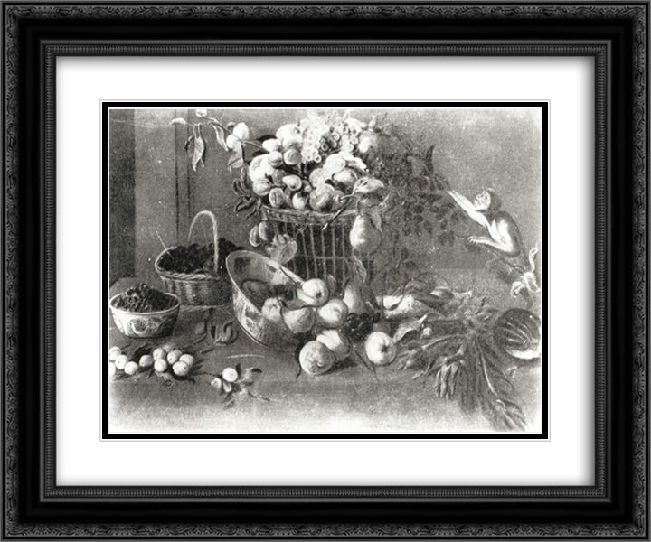 A Monkey Among Fruit 24x20 Black Ornate Wood Framed Art Print Poster with Double Matting by Snyders, Frans