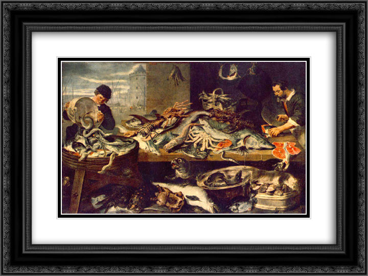 Fish Shop 24x18 Black Ornate Wood Framed Art Print Poster with Double Matting by Snyders, Frans