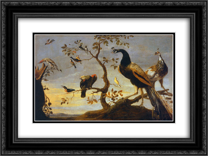 Group of Birds Perched on Branches 24x18 Black Ornate Wood Framed Art Print Poster with Double Matting by Snyders, Frans