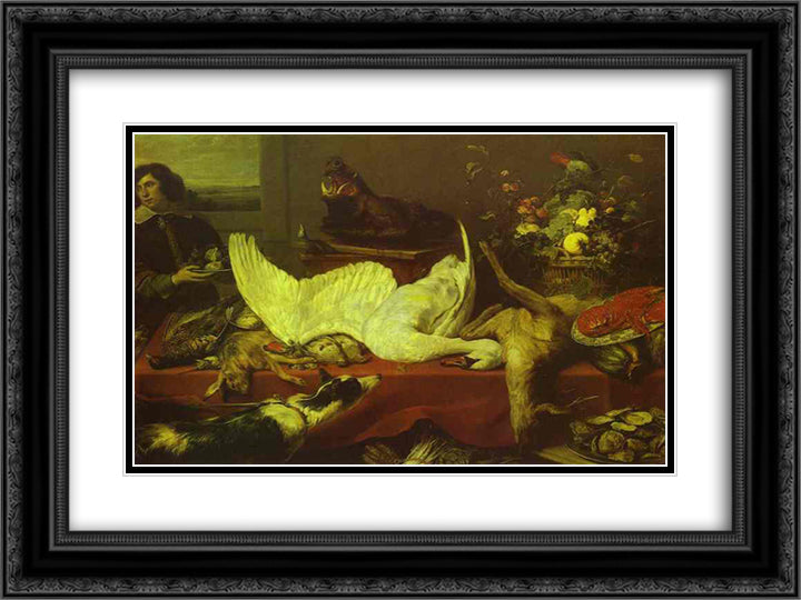 Still Life of Game and Shellfish 24x18 Black Ornate Wood Framed Art Print Poster with Double Matting by Snyders, Frans