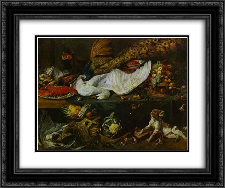 Still-Life with a Dog and Her Puppies 24x20 Black Ornate Wood Framed Art Print Poster with Double Matting by Snyders, Frans