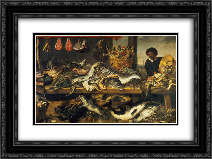 The Fish Market 24x18 Black Ornate Wood Framed Art Print Poster with Double Matting by Snyders, Frans